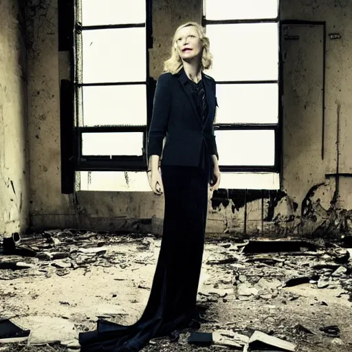 Prompt: photo of cate blanchett in an abandoned building, by Annie leibowitz, photorealisitc ,detailed