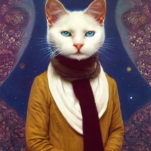 Prompt: a portrait of a male white cat with a black spot on his head with human blue eyes wearing a scarf, titian, sam spratt, maxfield parrish, gustav klimt, tom bagshaw, mark ryden, alphonse mucha, rembrandt, high quality, painting, oil