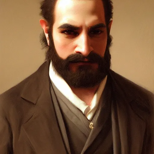 Image similar to detailed portrait painting of gentleman orc wearing brown tuxedo by William-Adolphe Bouguereau, deviantart, artstation, fantasy