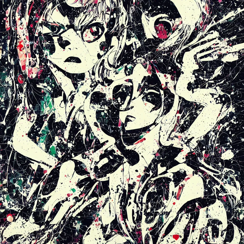 Image similar to girl figure, abstract, jet set radio artwork, ryuta ueda artwork, cryptic, rips, spots, asymmetry, stipple, lines, glitches, color tearing, pitch bending, stripes, dark, ominous, eerie, hearts, minimal, points, otomo katsuhiro artwork, technical, natsumi mukai artwrok, folds