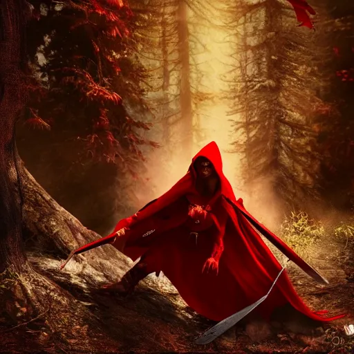 Prompt: red riding hood female warrior fending off a werewolf, highly detailed, dramatic lighting, cinematic, 4k