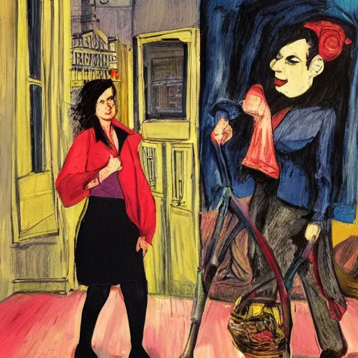 Image similar to feminist revolution, lisbon city at night, art in the style of paula rego