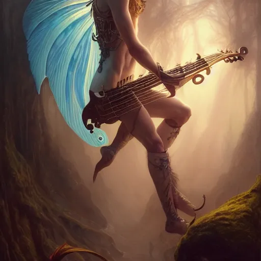 Prompt: portrait painting of faerie elf bard with a badass bass, ultra realistic, concept art, intricate details, eerie, highly detailed, photorealistic, octane render, 8 k, unreal engine. art by artgerm and greg rutkowski and charlie bowater and magali villeneuve and alphonse mucha