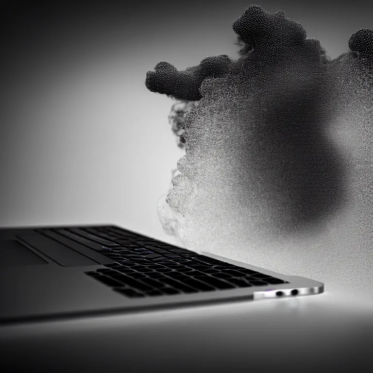 Prompt: a photo portrait of a macbook disintegrating in smoke particles, cinematic photography, smoke rising like clouds, photorealism, canon 5 d, 5 0 mm lens, super resolution, cgi, volumetric lighting & shadows, hyper detailed, 8 k, unreal engine,