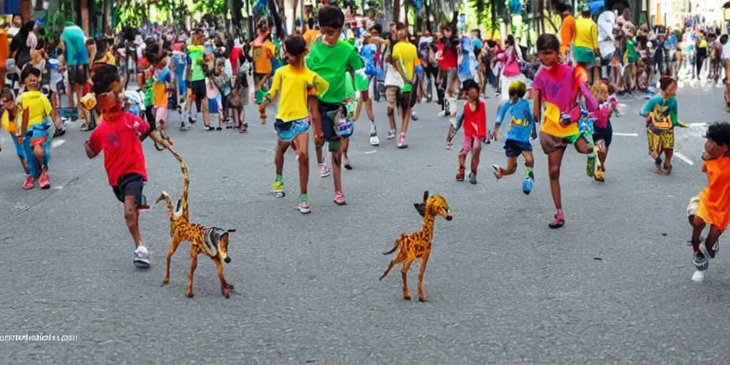 Prompt: A 6-year-old boy's colorful drawing of animals running through the streets of Rio de Janeiro