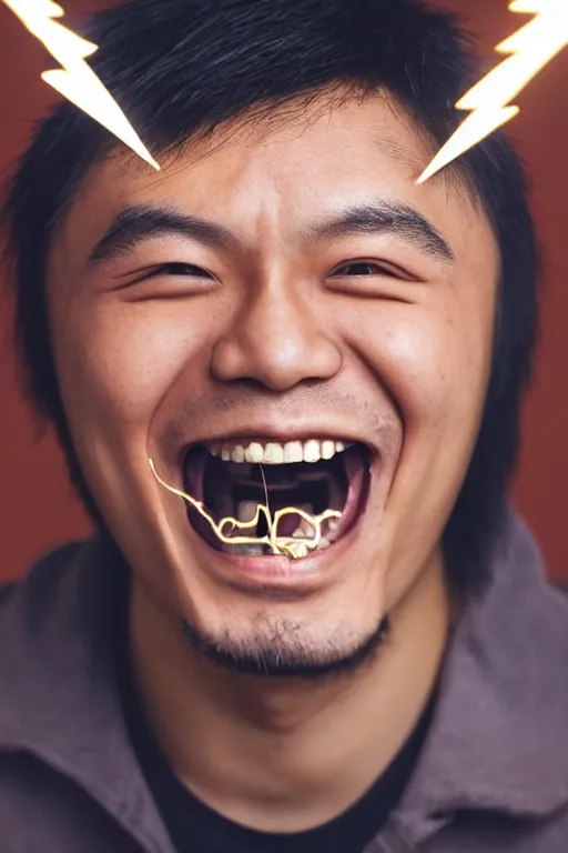 Image similar to portrait of asian hacker grinning with gold teeth and a lightning bolt face tattoo