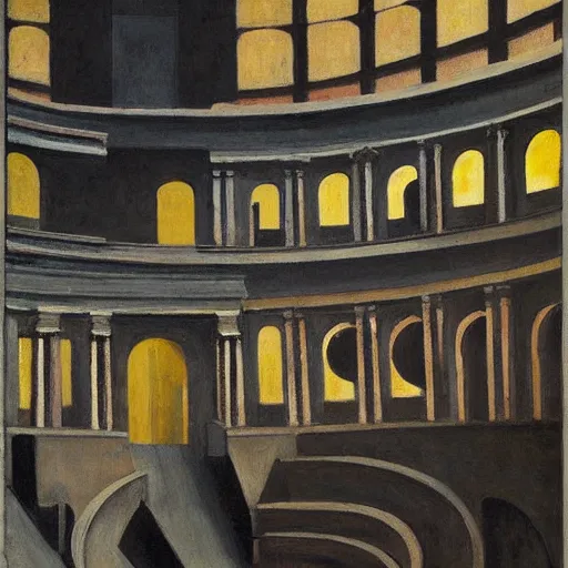 Prompt: a brutalist courtyard colosseum interior lined with cloaked judges and a weeping robot in the center, by PJ Crook and Edward Hopper