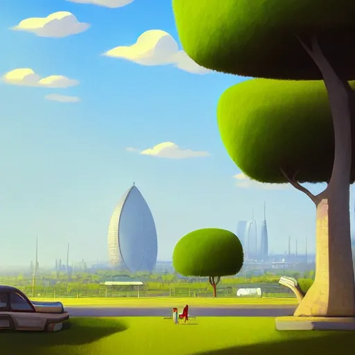 Image similar to goro fujita ilustration distant view of a city with green areas, parks and roads, painting by goro fujita, sharp focus, highly detailed, artstation