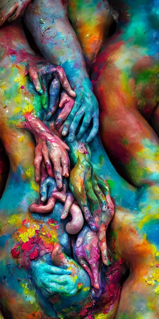 Image similar to closeup photograph of a surrealist sculpture human bodies intertwined, a lovely cornucopia of flowers and human body parts, body parts, paint pour, swirling paint, muted color palette, skin tones, highly detailed, octane render, cinematic