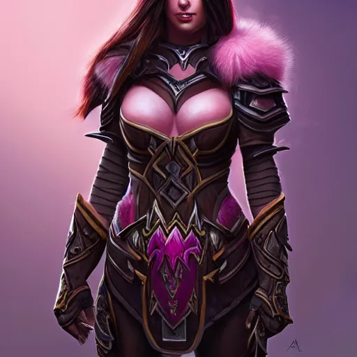 Prompt: a portrait of a very beautiful woman hunter in armor warcraft style armor. dark hair with stripes of pink, bored, illustration, soft lighting, soft details, painting oil on canvas by mark arian by artgerm, trending on artstation, 4k, 8k, HD - H 768