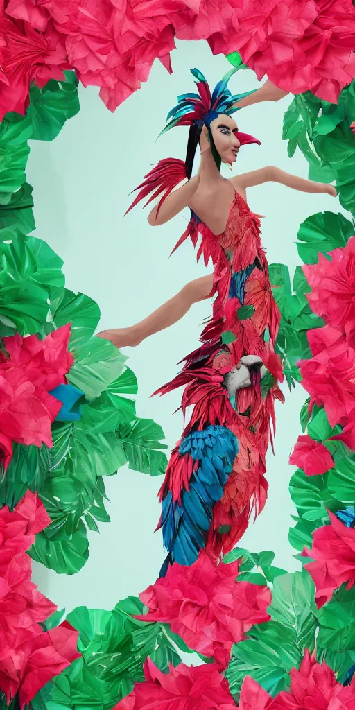 Image similar to anthropomorphic macaw woman wearing a flowing samba inpsired white and mint colored paper dress, background amazon jungle made of paper, paper Bougainvillea, many origami Bougainvillea, eery light, 3D, very detailed, octane render, trending ArtStation, artgem