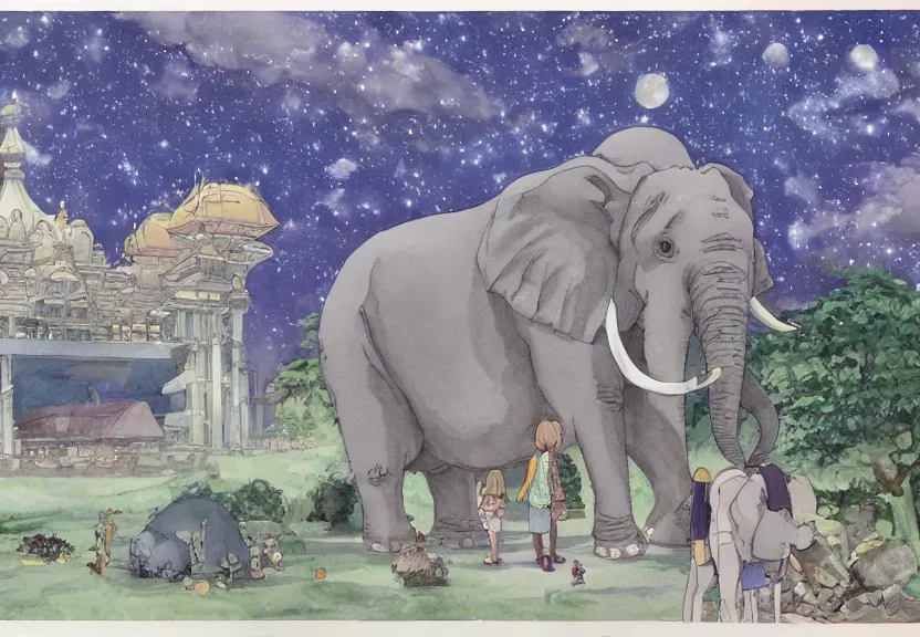 Prompt: a hyperrealist watercolor concept art from a studio ghibli film showing one giant grey elephant. a temple is under construction in the background in india on a misty and starry night. by studio ghibli. very dull muted colors