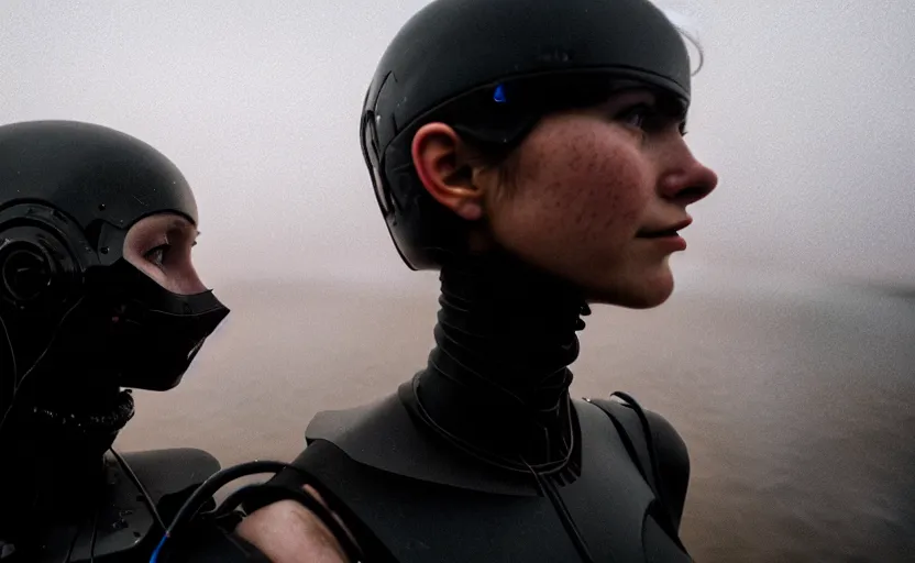 Image similar to cinestill 5 0 d candid photographic portrait by helen levitt of two loving female androids wearing rugged black mesh techwear in treacherous waters, extreme closeup, modern cyberpunk moody emotional cinematic, dust storm, 8 k, hd, high resolution, 3 5 mm, f / 3 2, ultra realistic faces, ex machina