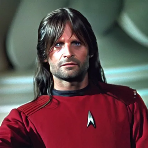 Image similar to Aragorn as Scotty on Star Trek: The Original Series, red shirt, no crop, face visible, sharp focus, high quality, very realistic, 4k