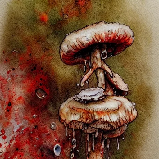 Prompt: jean - baptiste monge water color on white paper watercolor sketch of moss and mushrooms hard edges, pencil lines, drips, runs, spatter, details. red chrome. jean - baptiste monge!!!!!