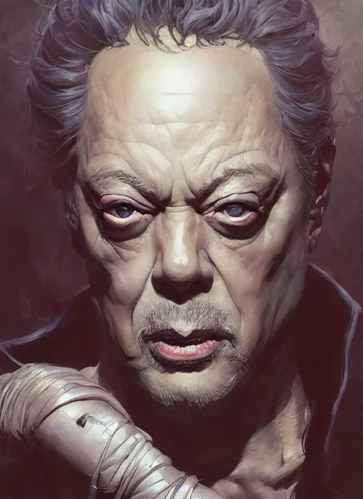 Image similar to Portrait of Tim Curry, marvel comics, dark, intricate, highly detailed, smooth, artstation, digital illustration by Ruan Jia and Mandy Jurgens and Artgerm and Wayne Barlowe and Greg Rutkowski and Frank Frazetta