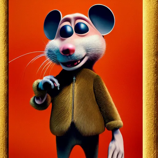 Image similar to 3d anthropomorphic rat, pixar, holding pistol, velvet, fur coat, high quality, expensive silk, gold detailing, fendi, high fashion