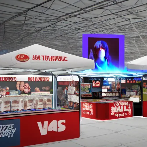 Image similar to a scene of a market stall at a trade show in the style of the film'minority report'taken from a distance, cinematic, dslr, unreal engine, hyper realistic