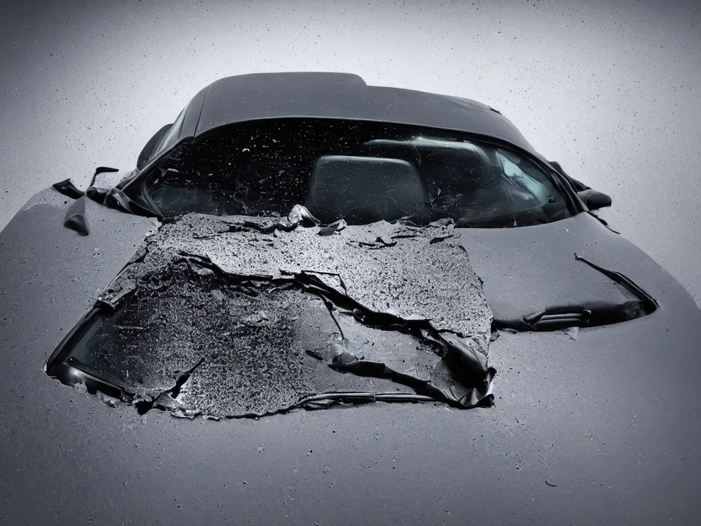 Image similar to deformed car, front view, windshield with a crack, real photo, studio lighting, many parts, high resolution, shot on an expensive camera