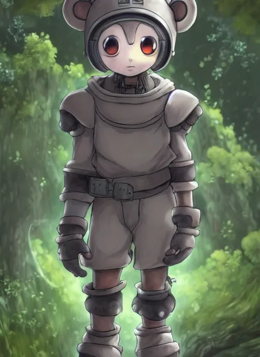 Image similar to beautiful little boy wearing an cyborg bear suit, artwork in kentaro miura and made in abyss and rosdraws, smooth, beautiful lightness, anatomically correct, trending on pixiv, forest