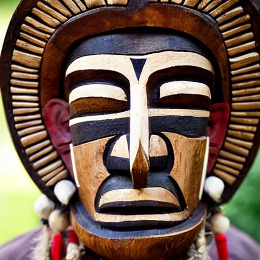 Prompt: aztec man wearing a wooden tribal mask, tribe photography