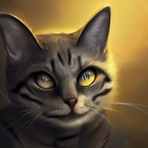 Prompt: a cat with a halo, highly detailed, fantasy, concept art, large yellow eyes, smooth art, illustration, sharp focus, artstation, digital art