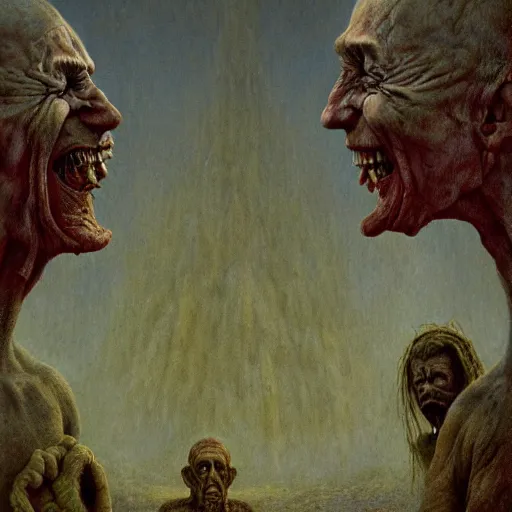 Image similar to Presidents of federal nation laughing at dying people from hunger. Beksiński style, depth of field, scary, HD, painting