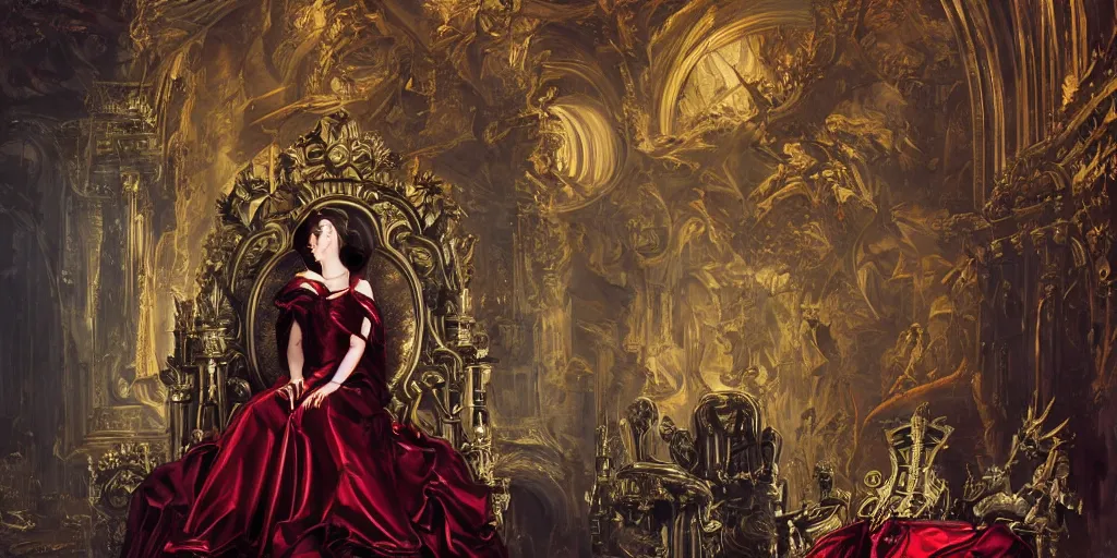 Prompt: epic, cinematic, classic, leading lines, low angle, a 1 7 th century beautiful techno cyborg queen, sitting on the throne in her throne room, symmetry, baroque interior, shiny marble floor, ornate dark red opulent clothing, scifi, futuristic, optimistic, concept art, oil painting, expressive, impressionist,