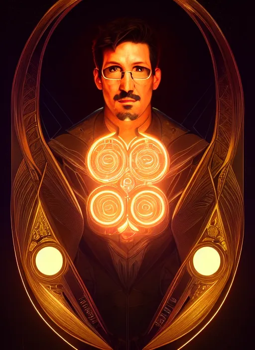 Image similar to symmetry portrait of markiplier, glowing lights, intricate, elegant, highly detailed, digital painting, artstation, concept art, smooth, sharp focus, illustration, art by artgerm and greg rutkowski and alphonse mucha