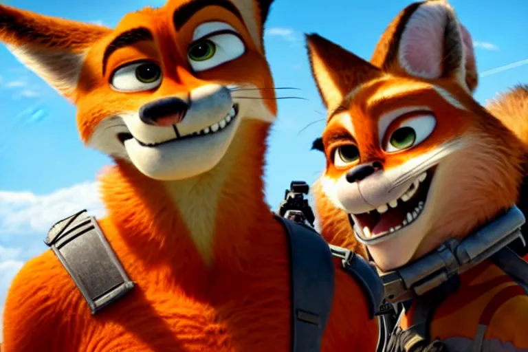 Image similar to nick wilde ( from zootopia ), heavily armed and armored facing down armageddon in a dark and gritty reboot from the makers of mad max : fury road