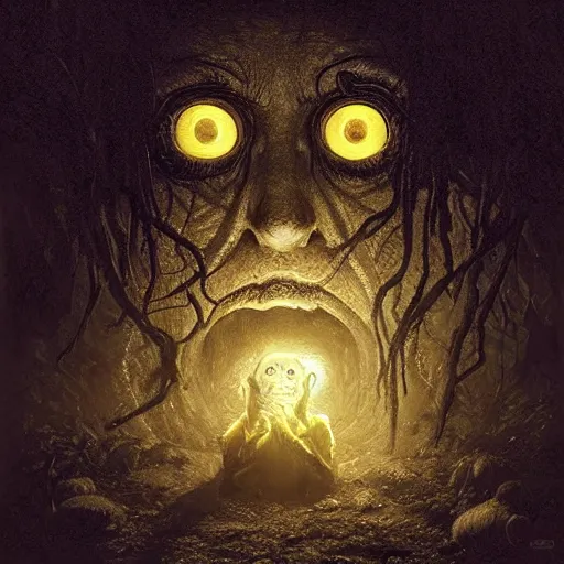 Image similar to an eye inside a mouth of a child with pointed teeth and glowing yellow eyes, nightmare, dark, h. p. lovecraft, portrait, intricate, detailed, volumetric lighting, scenery, digital painting, highly detailed, artstation, sharp focus, illustration, concept art, art by artgerm and greg rutkowski