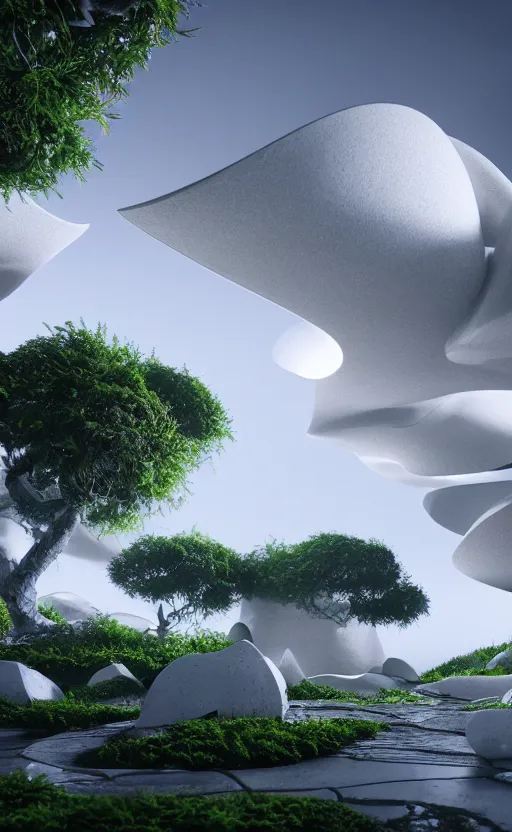 Image similar to highly detailed ultra sharp 3 d render cinematic composition of a smooth ceramic porcelain magnolia stone white fluid fractal sci - fi surreal architecture landscape, marble, magnesium, vining foliage, archviz, vincent callebaut composition, mamou - mani, beautiful lighting, 8 k, unreal engine, hdr, dof