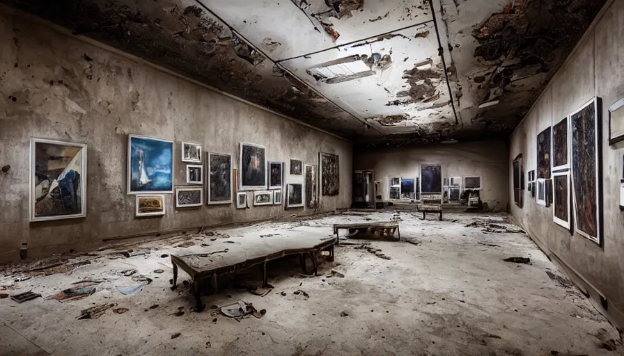 Image similar to dramatic photo of abandoned art gallery full of art canvases and photos of landscapes covering the walls, robots in the room painting and admiring the photos, cinematic lighting, wide angle, servers