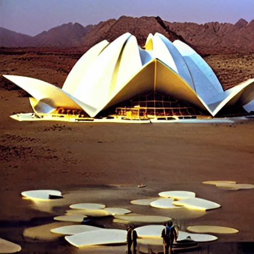 Prompt: straircase of a futuristic lotus temple with gold, red and white marble panels, in the desert, by buckminster fuller and syd mead, intricate contemporary architecture, photo journalism, photography, cinematic, national geographic photoshoot