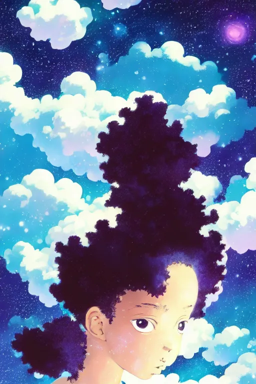 Prompt: ( a young black girl with a nebula afro ) sitting on a cloud, trending on pixiv fanbox, painted by makoto shinkai takashi takeuchi studio ghibli, akihiko yoshida, yoshitaka amano, wangechi mutu, clean cel shaded vector art, illustration, hd, 8 k