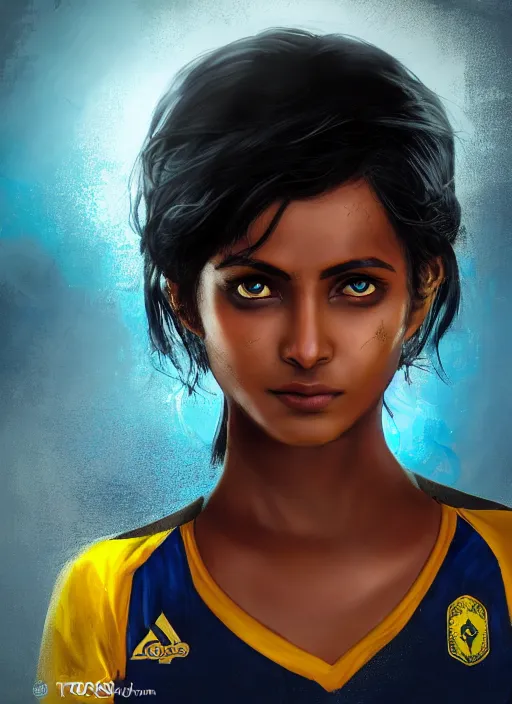 Prompt: An epic fantasy comic book style portrait painting of a very very beautiful young Indian woman, very expressive, dark piercing eyes, tomboy, mischievous, smirk, round face, very dark Nilotic tan skin, futuristic short black hair style, wearing a blue and yellow soccer uniform, arms crossed, unreal 5, DAZ, hyperrealistic, octane render, cosplay, RPG portrait, dynamic lighting