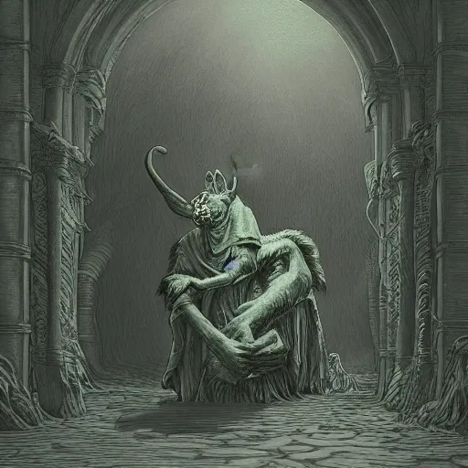 Image similar to demonic scooby in the style of michael whelan and gustave dore. hyperdetailed photorealism by greg rutkowski, 1 0 8 megapixels, cinematic lighting