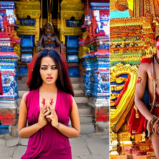 Image similar to a nepali model in a kathmandu temple, posing for playboy photoshoot next to hindu gods