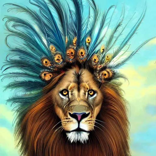 Prompt: beautiful lion with long flowing mane and peacock feathers and crown on head, detailed magical realism painting 4 k