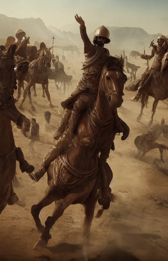 Prompt: cyrus the great riding a horse, surrounded by his soldiers. hyper realistic 8 k, clear, octane render, dusty, digital painting, high contrast, sharp focus, intricate details on the suit, trending artstation, concept, cinematic