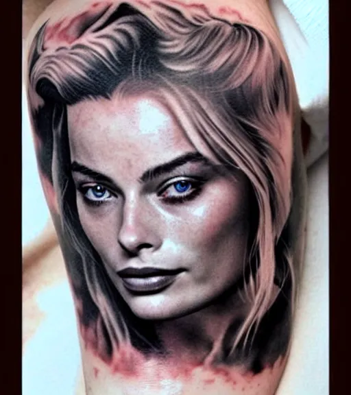 Image similar to tattoo design sketch double exposure of margot robbie with beautiful mountain scenery mash up, in the style of arlo dicristina, surrealist, amazing detail, sharp