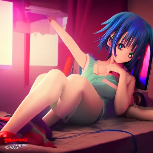 Image similar to advanced 3 d render digital anime art!!, gamer girl in bedroom