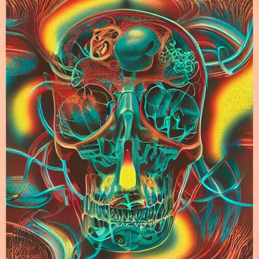 Prompt: photograph of a pastel screen print on thick paper of album artwork for the band TOOL designed by Ash Thorp and Nychos. No skulls.