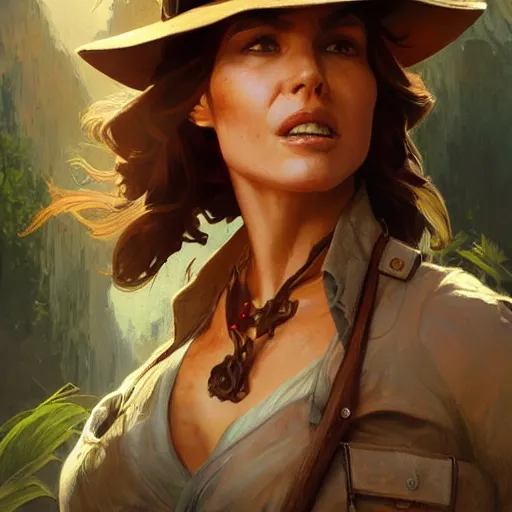 Prompt: female indiana jones, highly detailed, digital painting, artstation, concept art, sharp focus, illustration, art by artgerm and greg rutkowski and alphonse mucha