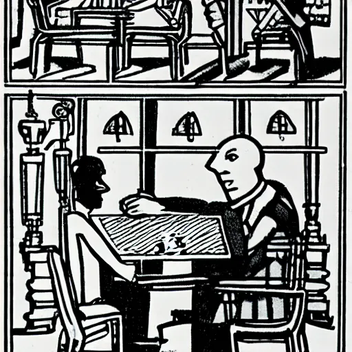 Image similar to ludwig wittgenstein and a humanoid robot playing chess, comic panel