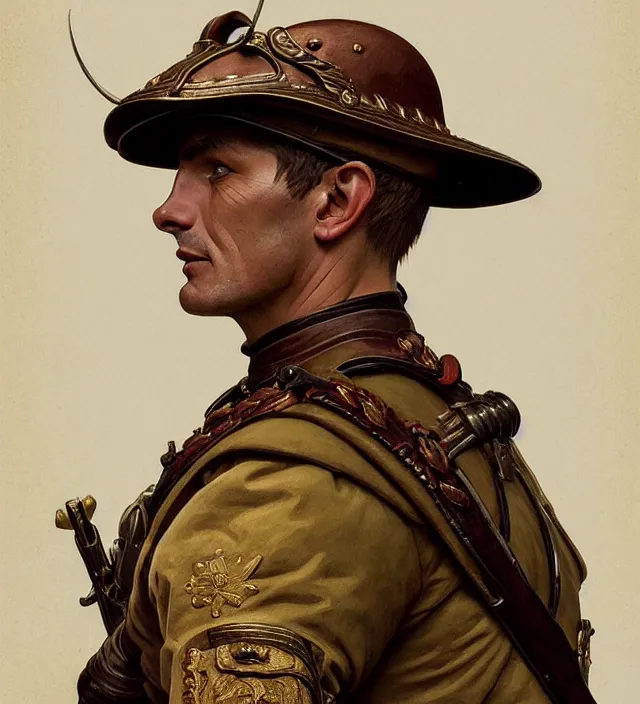 Prompt: portrait of a man wearing a traditional nineteenth century french foreign legion uniform, kepi hat, metal shoulder pauldrons, intricate, highly detailed, digital painting, artstation, concept art, sharp focus, cinematic lighting, illustration, art by artgerm and greg rutkowski, alphonse mucha, cgsociety