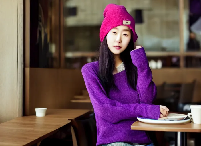 Prompt: young adult korean woman in a coffee shop wearing a beanie and a purple sweater designed by zaha hadid, natural light, magazine photo, 5 0 mm