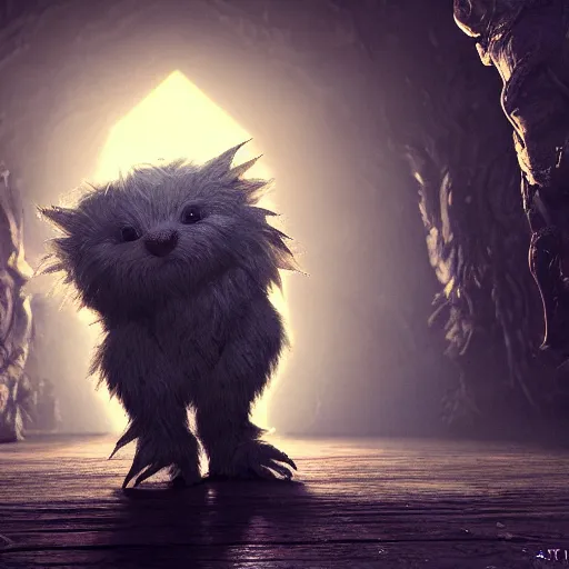 Image similar to full body pose, hyperrealistic photograph of a cute fuzzy goblin monster, dim volumetric lighting, 8 k, octane beautifully detailed render, extremely hyper detailed, intricate, epic composition, cinematic lighting, masterpiece, trending on artstation, very very detailed, stunning, hdr, smooth, sharp focus, high resolution, award, winning photo, dslr, 5 0 mm