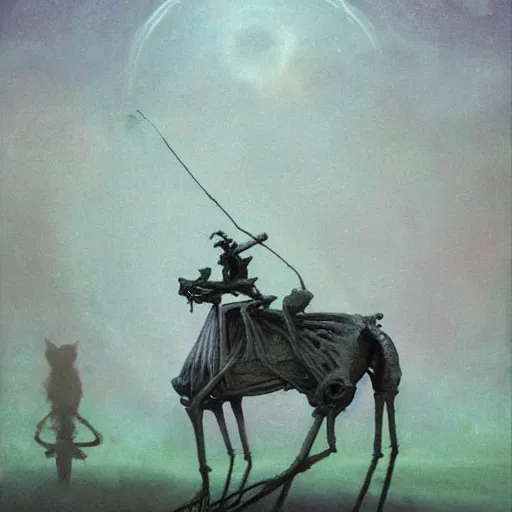 Image similar to muppet frog horseman riding a glowing baroque unicorn skeleton, foggy night, in style of tarot card, painting by beksinski, part by adrian ghenie and neo rauch, in color palette of francis bacon, eerie, mystical, sublime