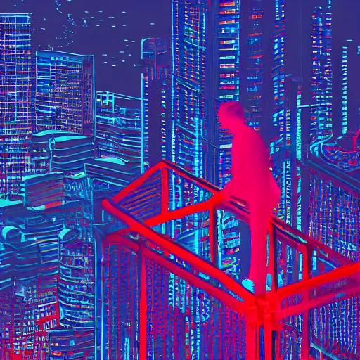 Prompt: rainy night in a neon red and neon blue city, silhouette of a man standing on a high balcony looking down, 4k, isometric